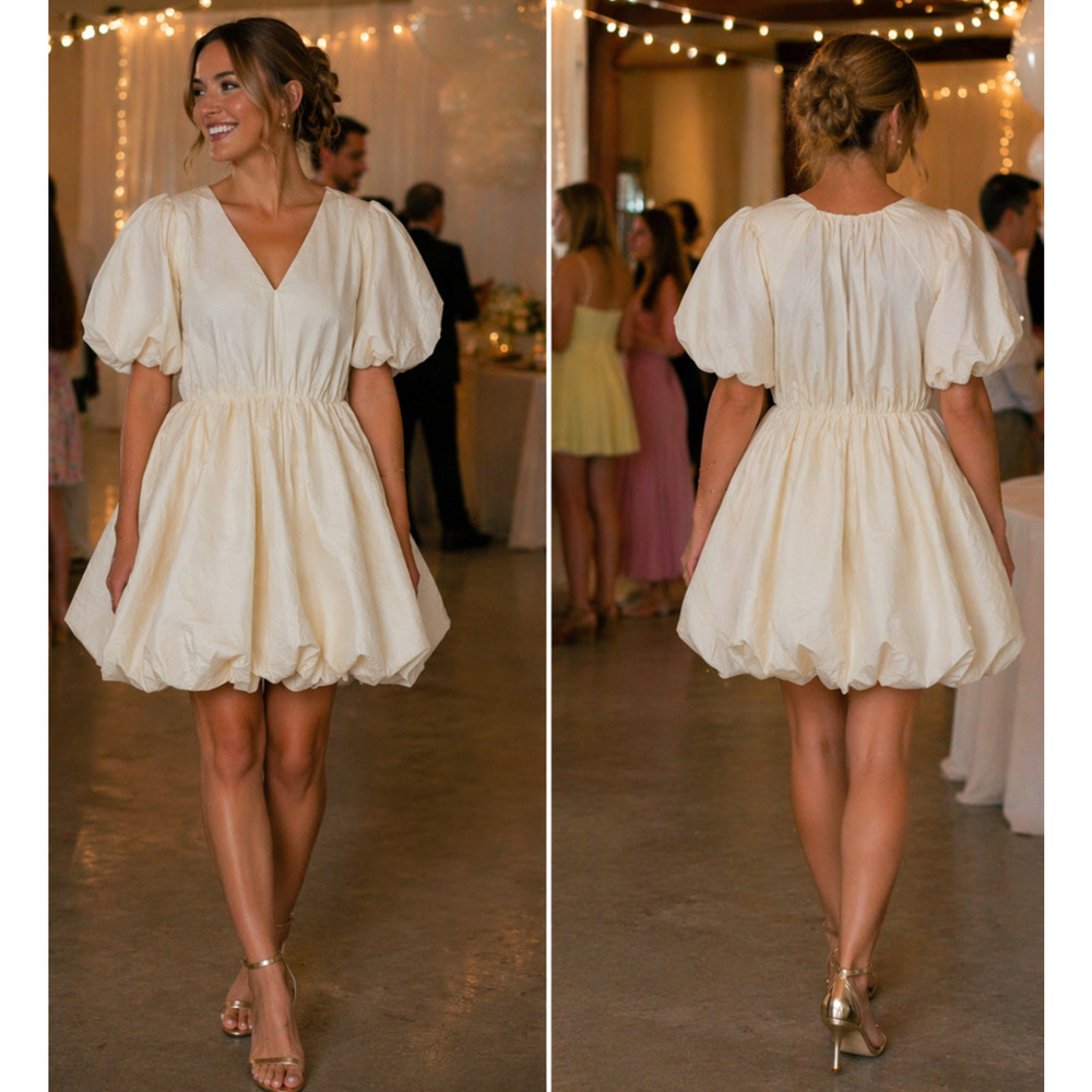 H&M Bubble Hem Cream Balloon Dress Puff Sleeves Plunging V Neck Soft Girl Med